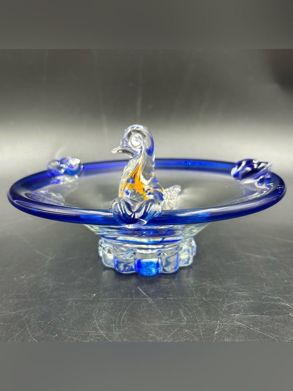 Vintage Murano Style Art Glass Duck Ashtray Cobalt Blue Hand Blown 6 Inch